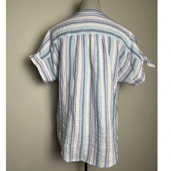Ruby Rd Womens Cotton Gauze Striped Henley Top Medium Coastal Beachy Casual - Picture 2 of 5